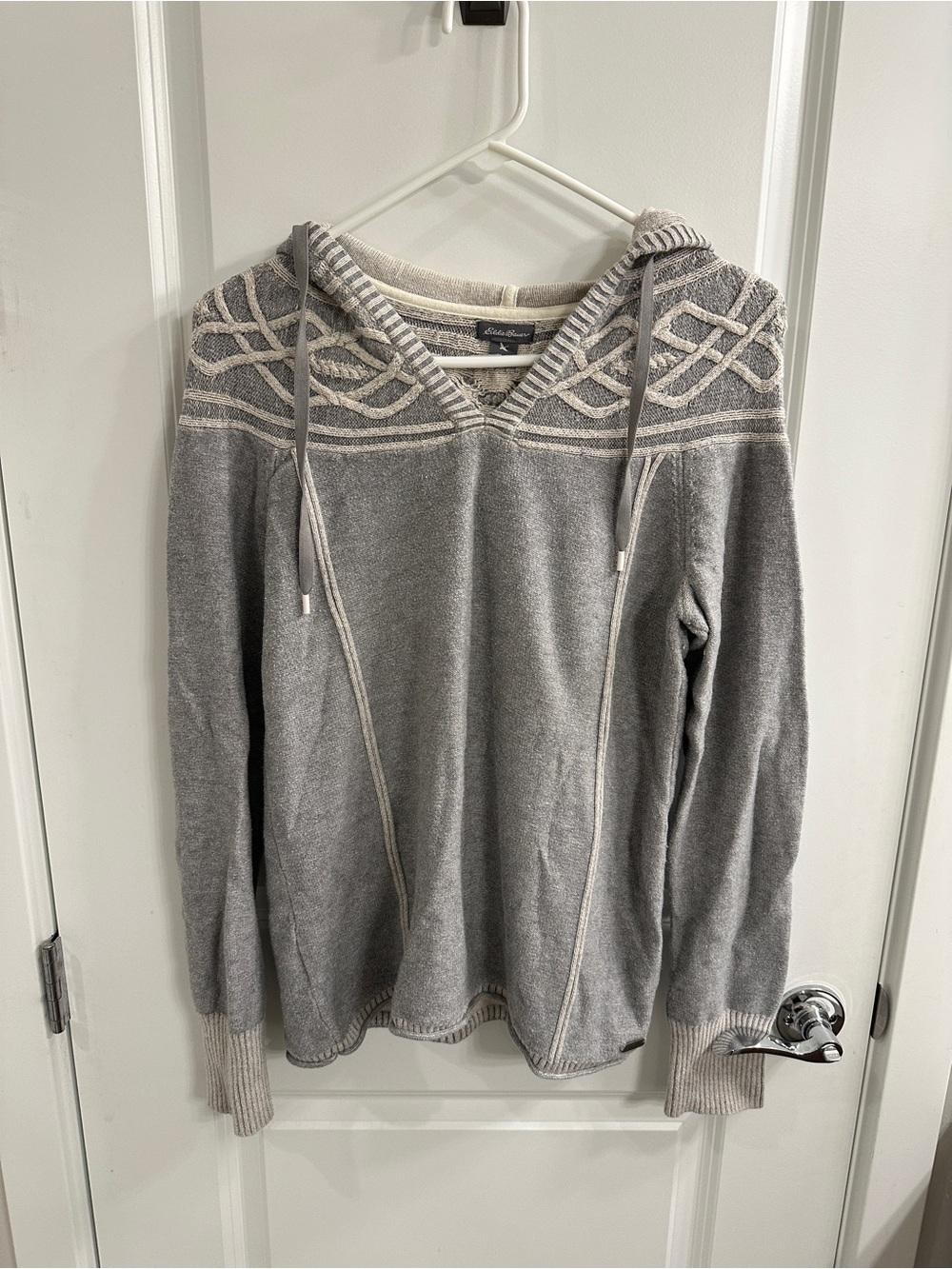 Eddie Bauer Women’s Gray Hooded Sweater with Cream Trim - medium
